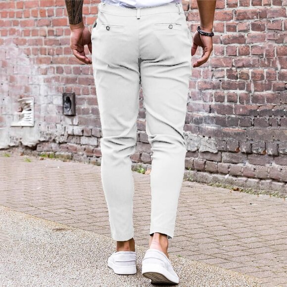 🆕 Men White Slim Fit Pants Flat Front Stretch Skinny Tapered Casual Trousers - Picture 3 of 5